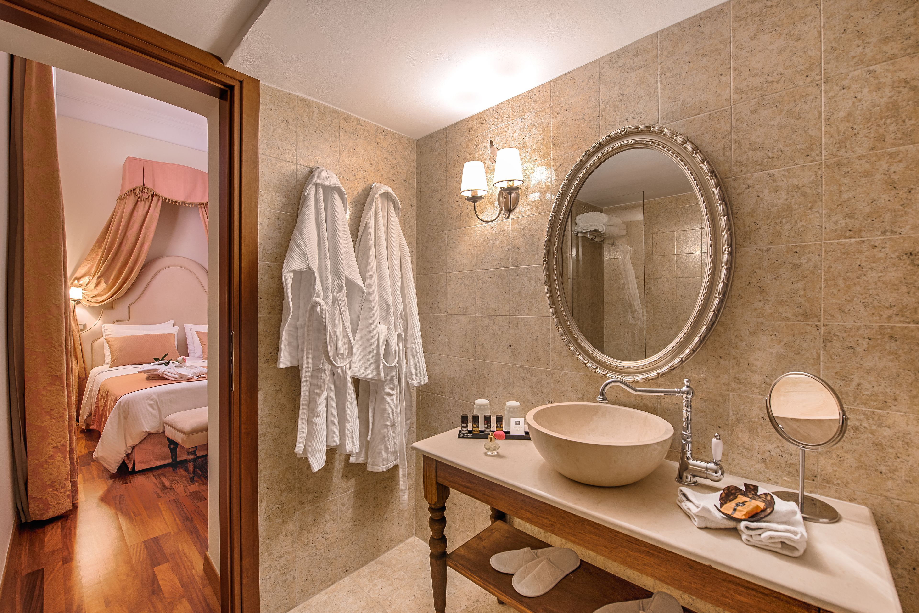 shower, designer toiletries, hair dryer, bathrobes