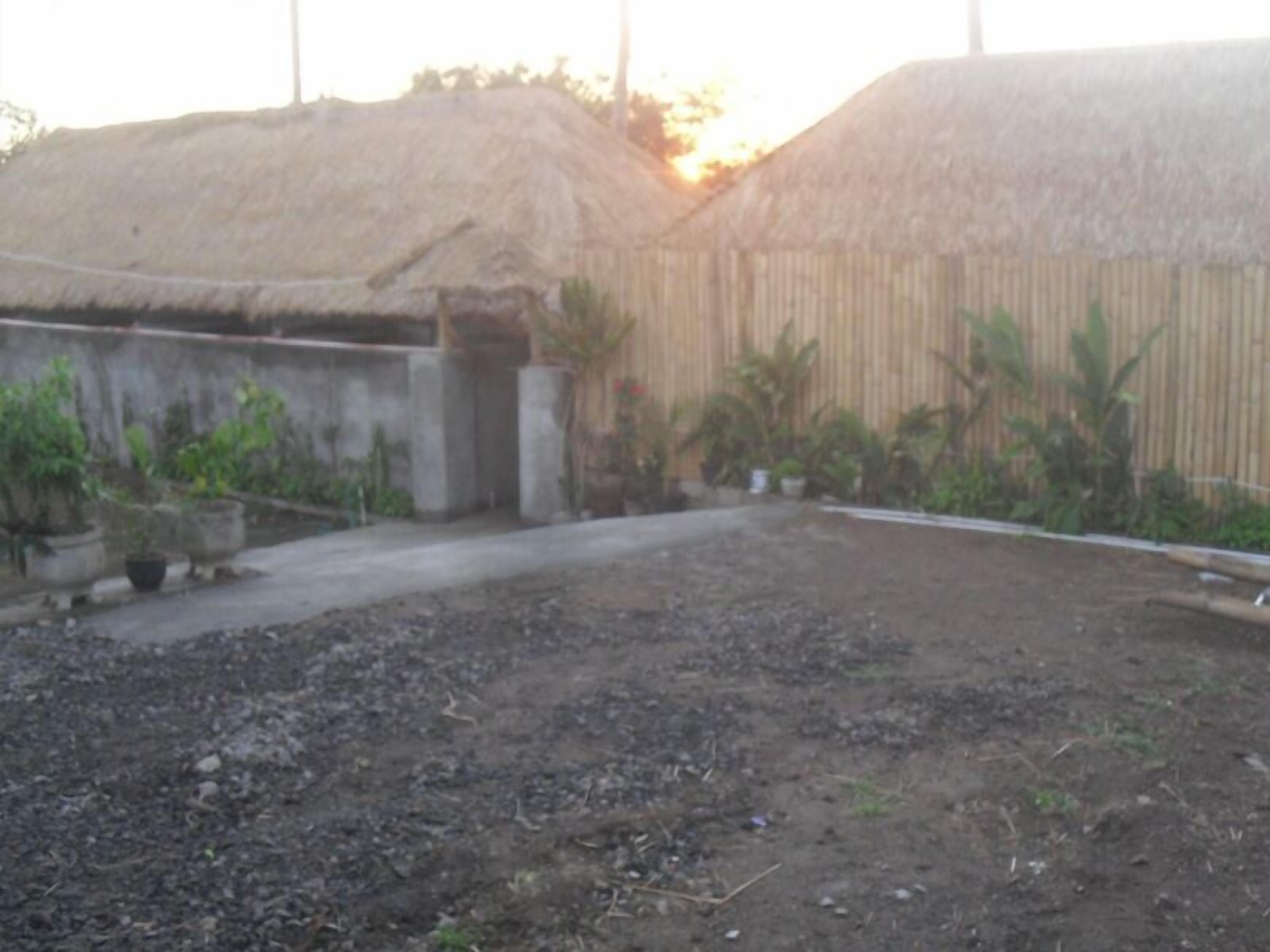 A courtyard with a dirt ground, concrete structures, and potted plants.