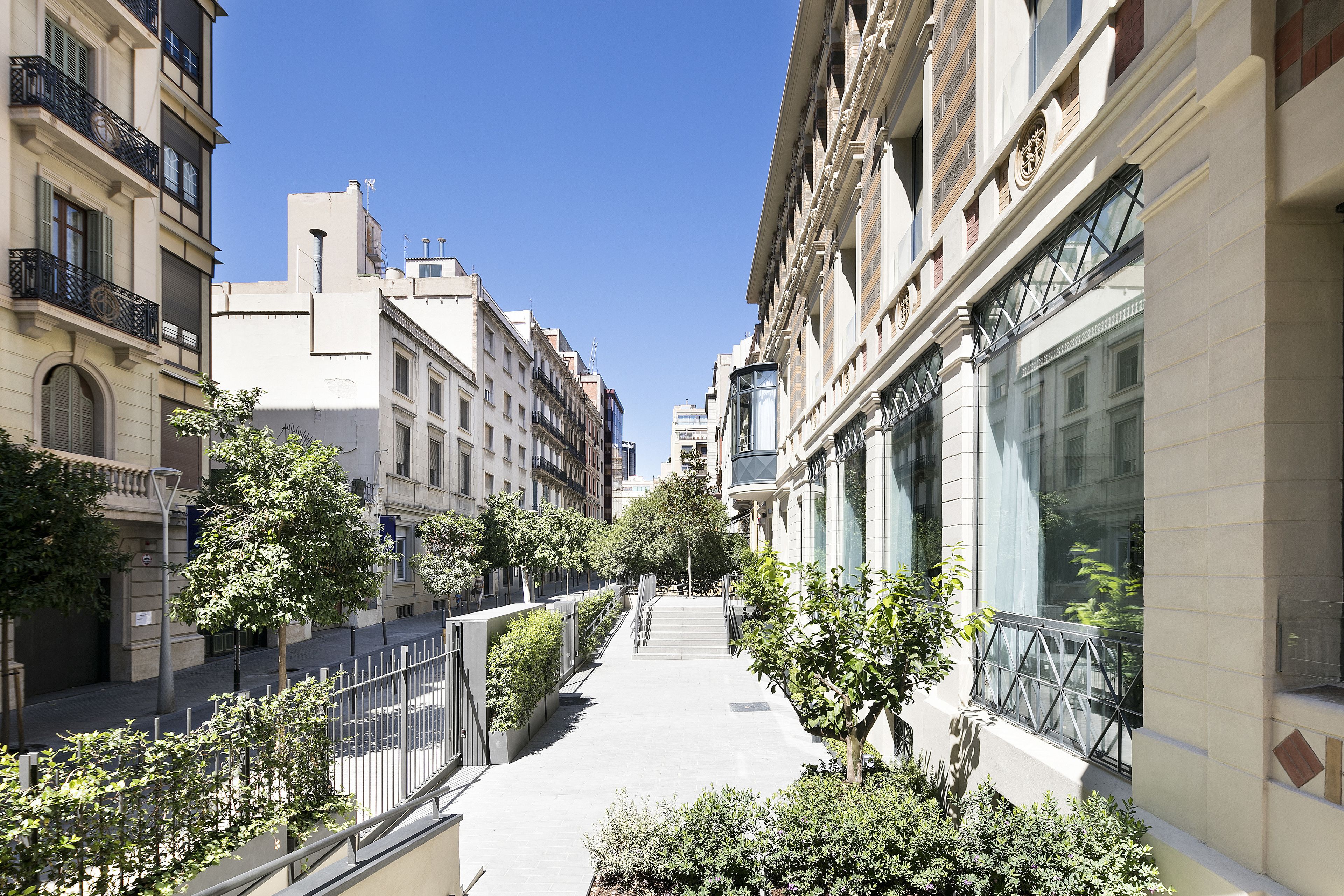 A narrow urban street flanked by multi-story buildings with balconies and large windows.