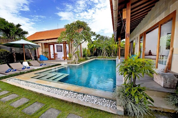 A swimming pool with a stone border, surrounded by a well-maintained lawn and various plants.