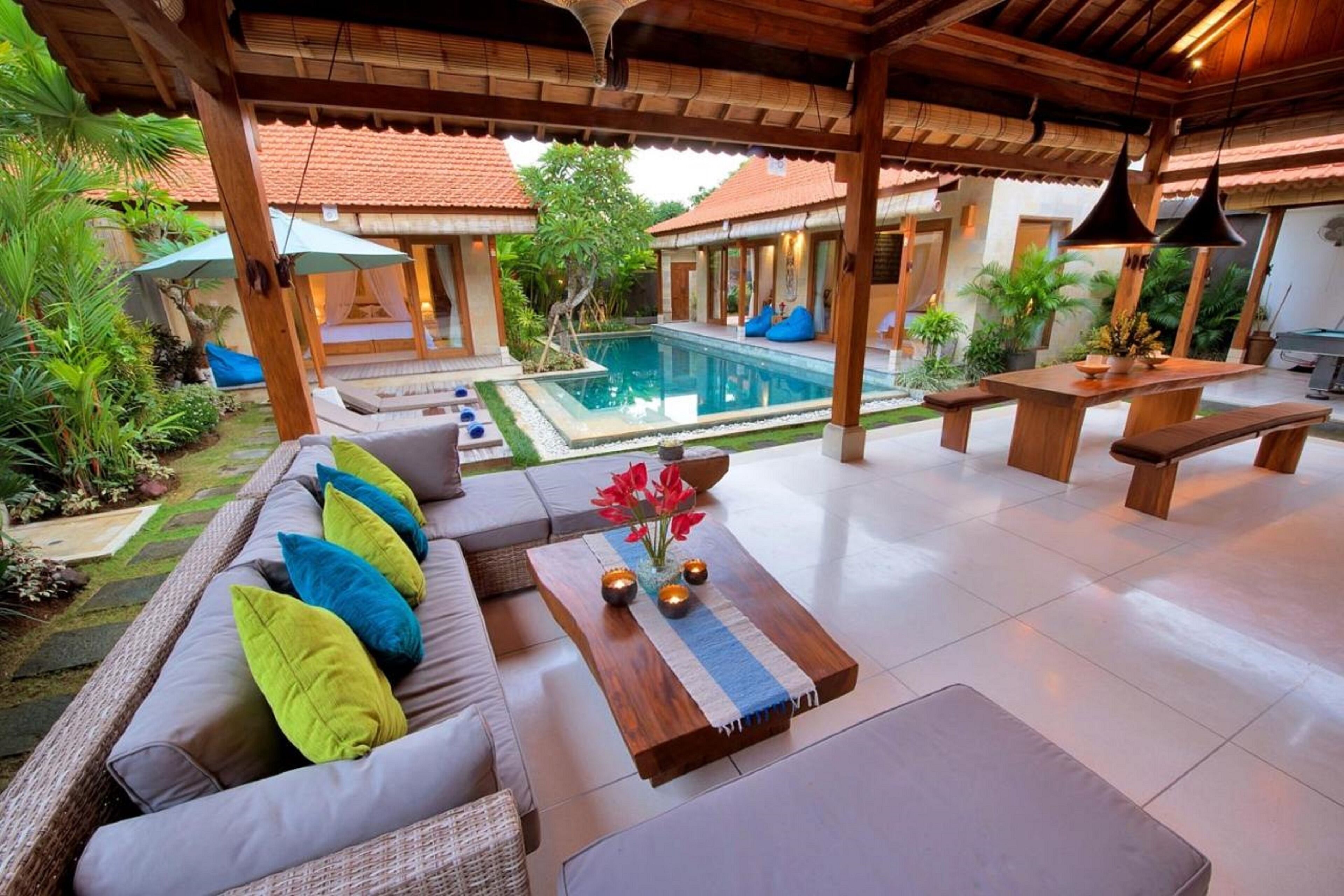 A covered outdoor area with a pool, seating, and a dining table.