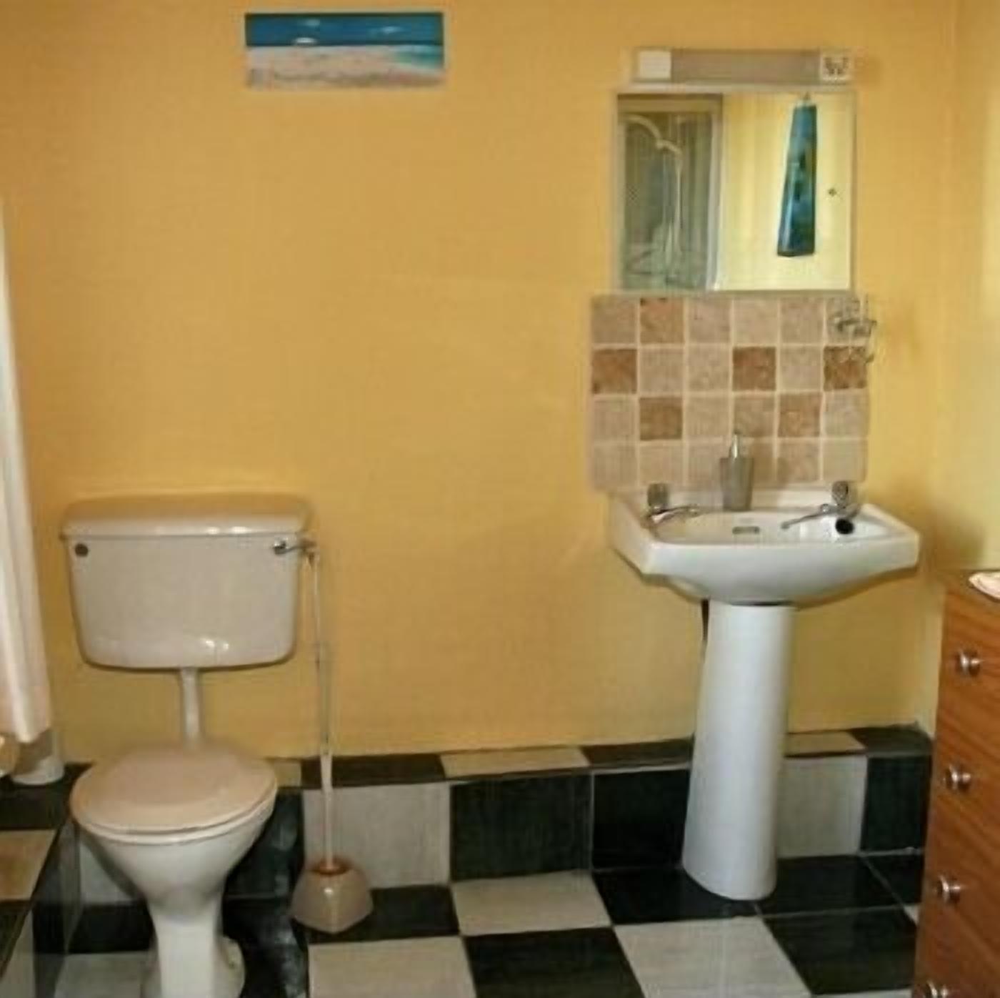 A bathroom with a toilet, sink, and a mirror above the sink.