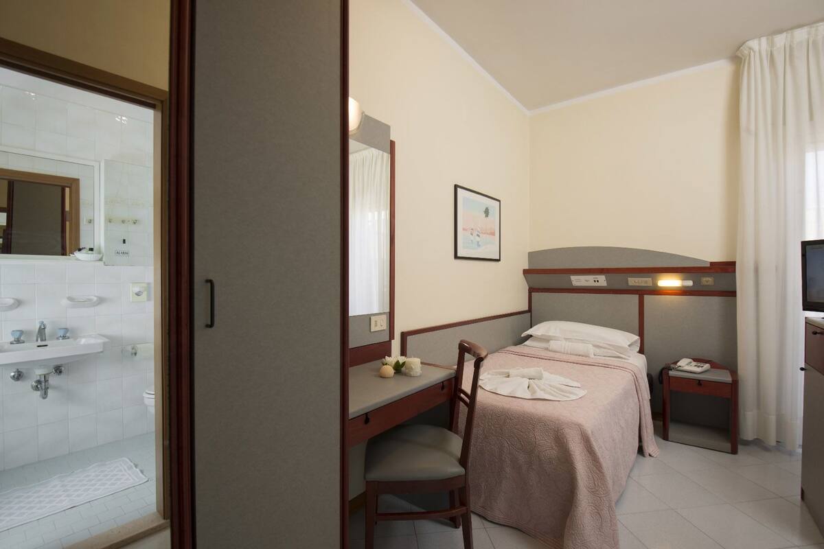 A hotel room with a shower, a desk with a chair, a bed, a bedside table with a phone, and a TV.