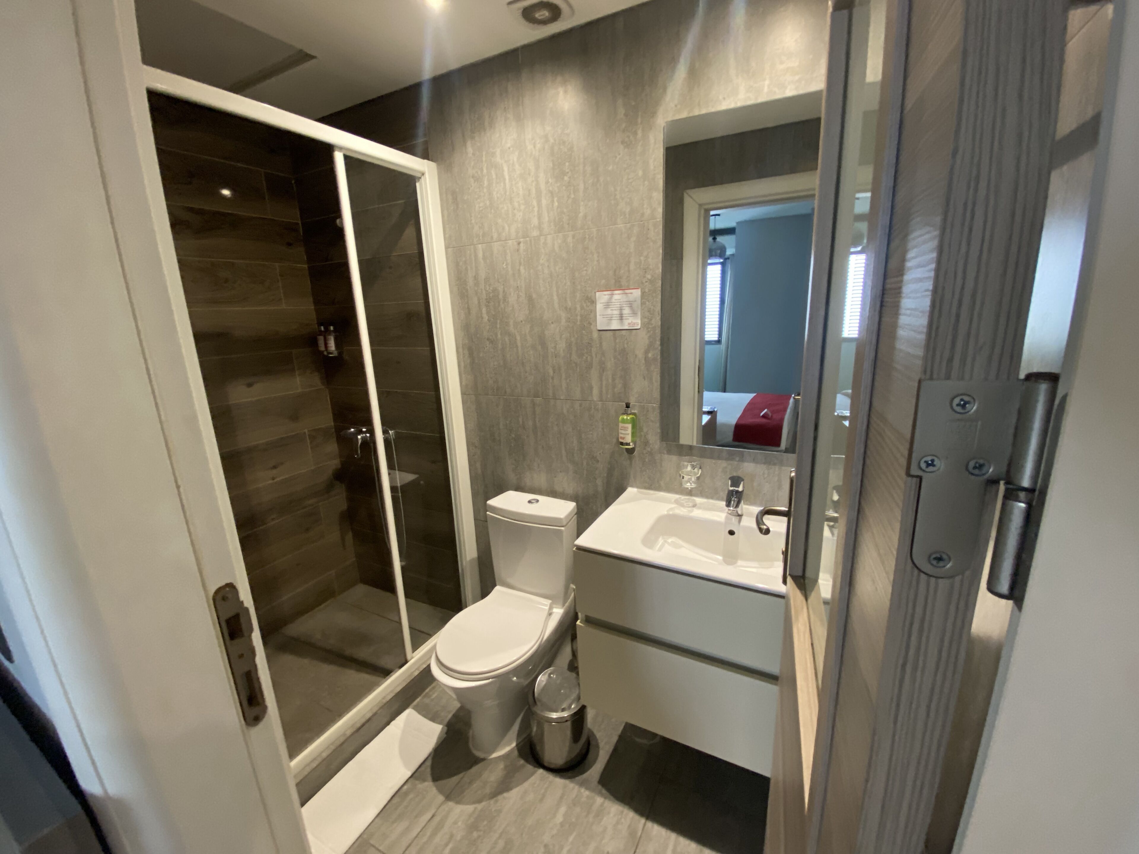 A modern bathroom with a glass-enclosed shower, a toilet, a sink, and a mirror.