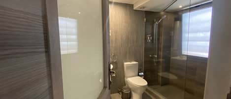 A modern bathroom with a glass shower enclosure, a toilet, and a bidet.