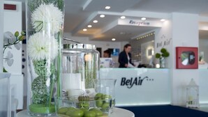 Un área de recepción con un mostrador de vidrio que exhibe objetos decorativos, incluyendo un jarrón alto con flores blancas y un tazón de vidrio con manzanas verdes.