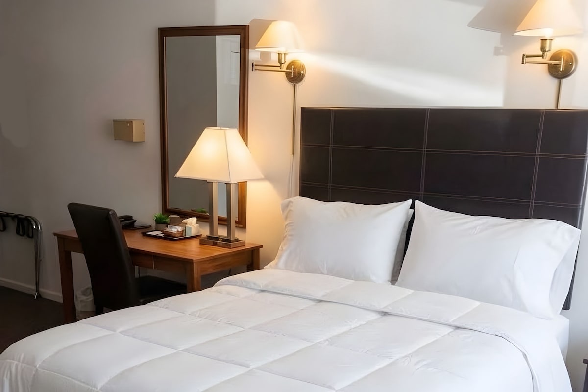 A hotel room with a large bed, a bedside table with a lamp, and a chair.