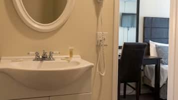 A bathroom with a sink, mirror, and hairdryer.