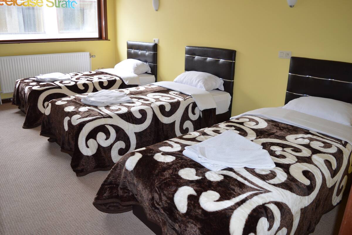A hotel room with three single beds, each with a headboard and a patterned bedspread.