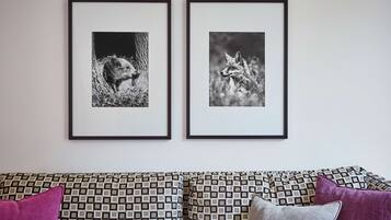 Deux photographies en noir et blanc, encadrées, représentant des animaux, sont accrochées au mur au-dessus d’un canapé à motifs, agrémenté de coussins.