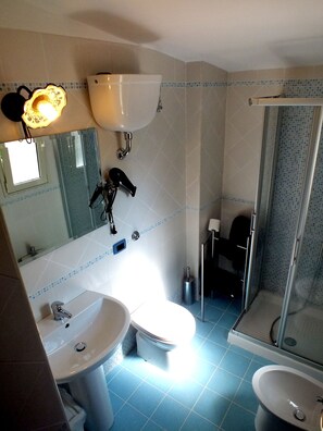 Une salle de bain avec un lavabo, des toilettes et une douche.