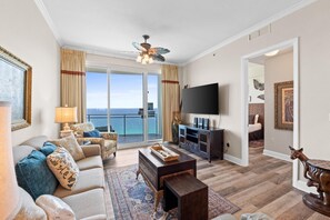Condo, 3 Bedrooms, Ocean View (2203) | Living area | TV - Aqua Beach Resort by Panhandle Getaways (Panama City Beach)
