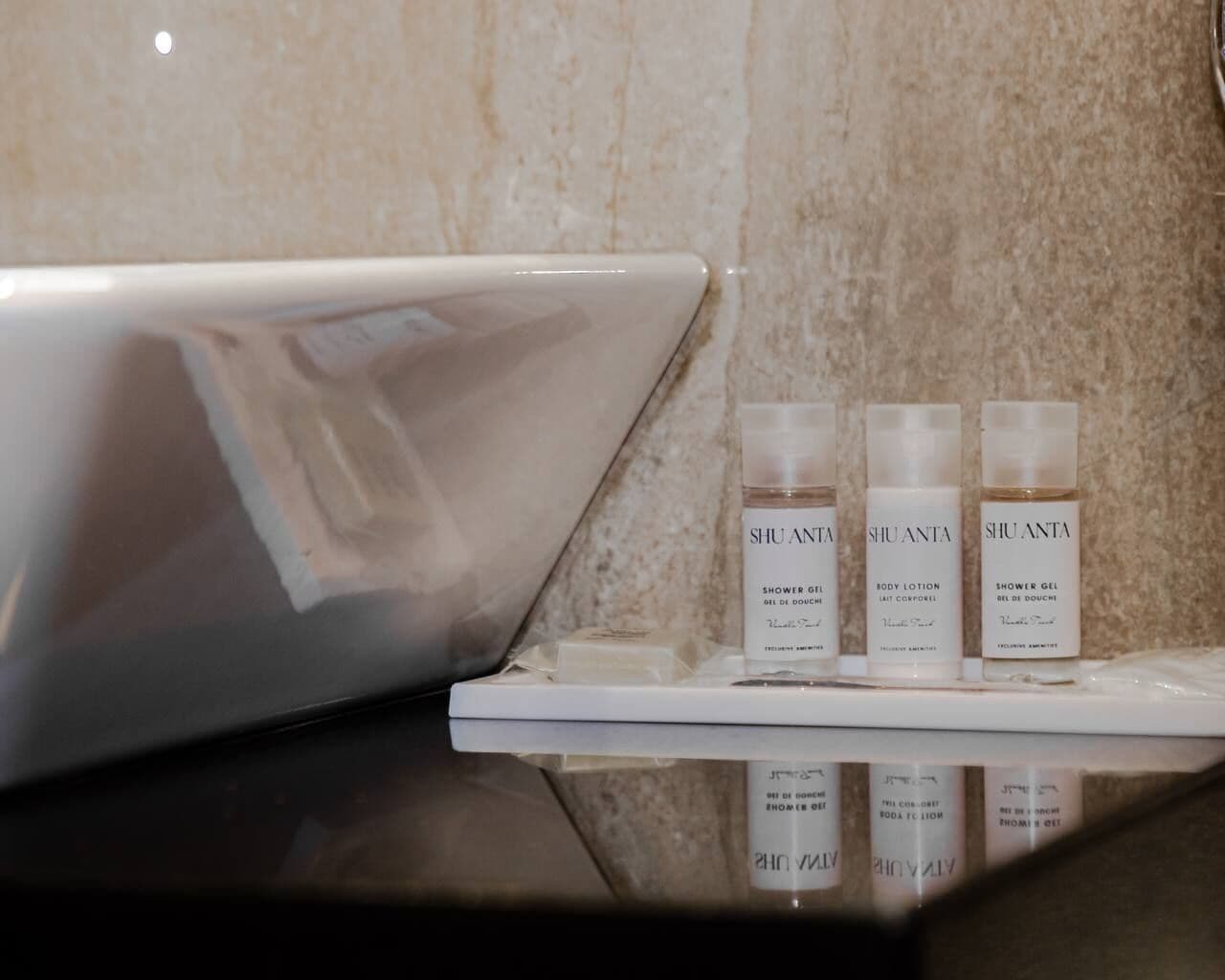 free toiletries, hair dryer, bidet, towels