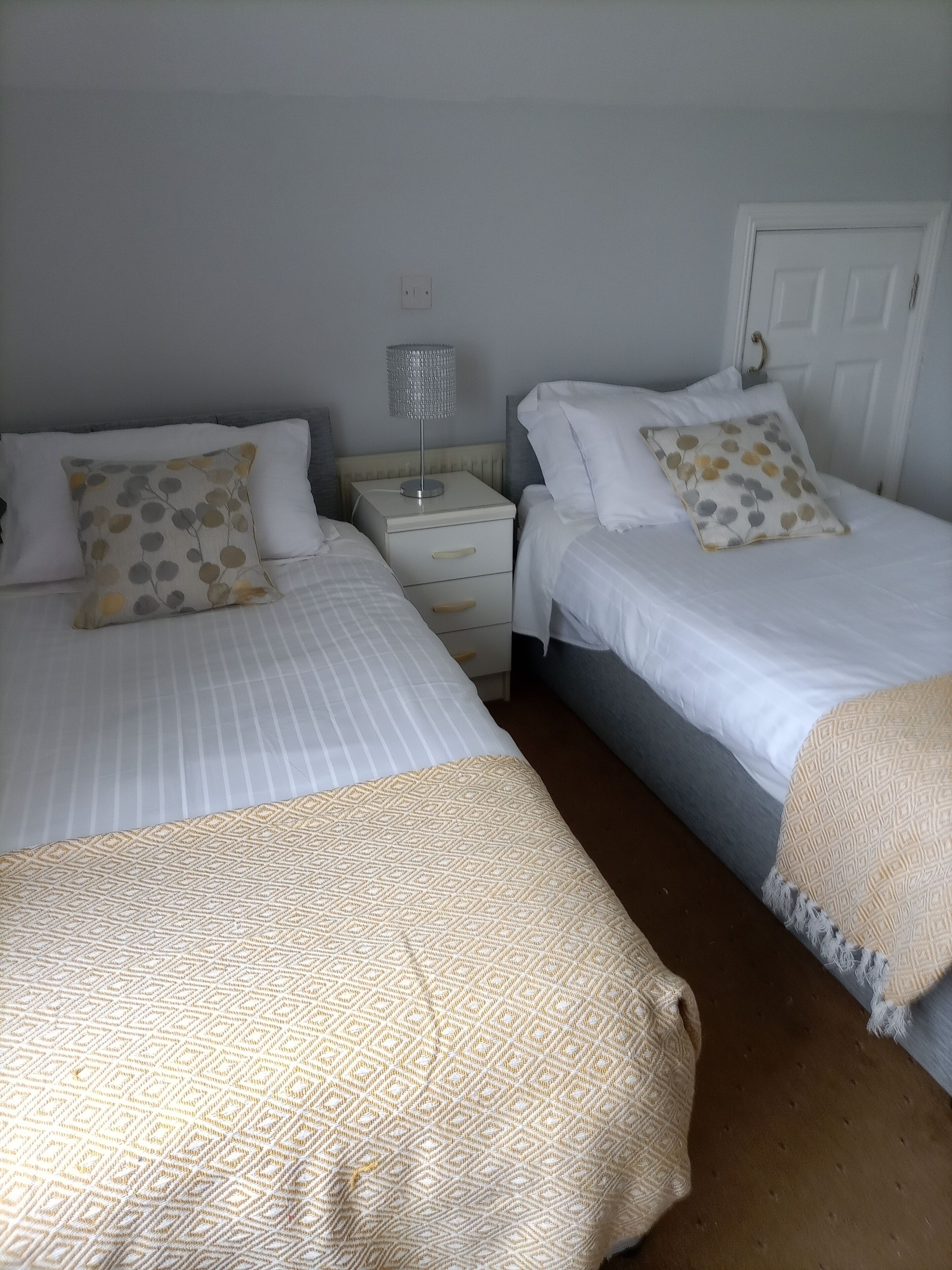 A bedroom with two beds, each with a white duvet and matching pillows. There is a bedside table with a lamp between the beds.