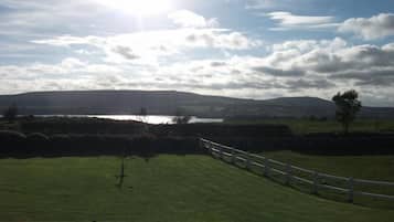 A rural landscape with a grassy field, a wooden fence, and a body of water in the distance.