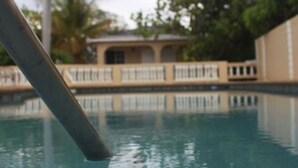 A swimming pool with a palm tree and a building in the background. - Paradise on the Rocks (Negril)