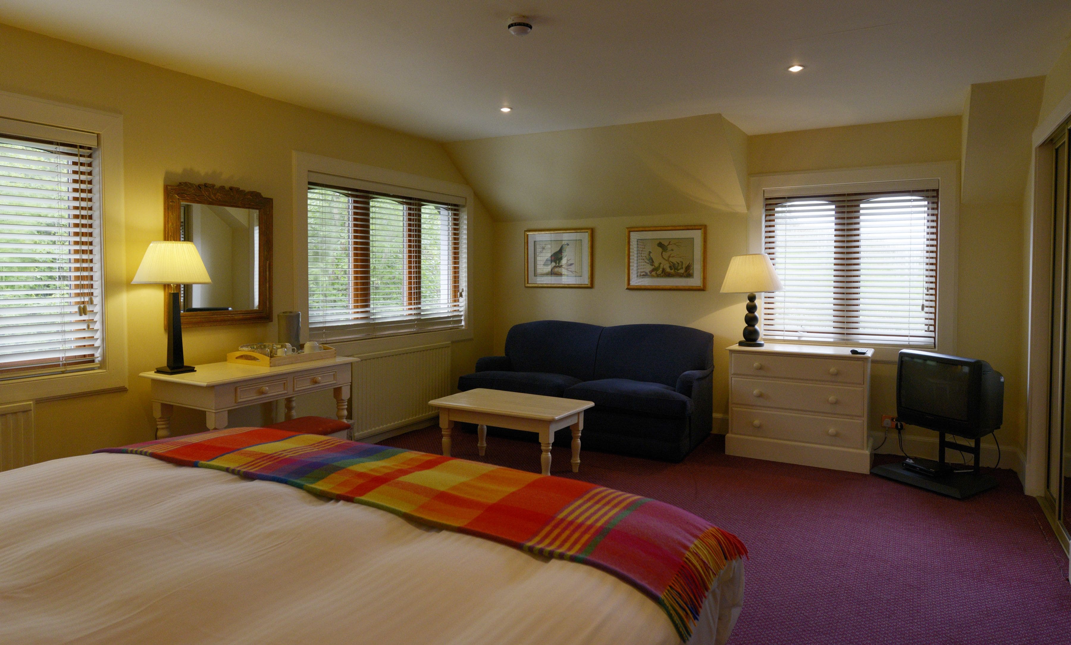 Une chambre d’hôtel comprenant un lit, un bureau, une chaise, une commode et un téléviseur.