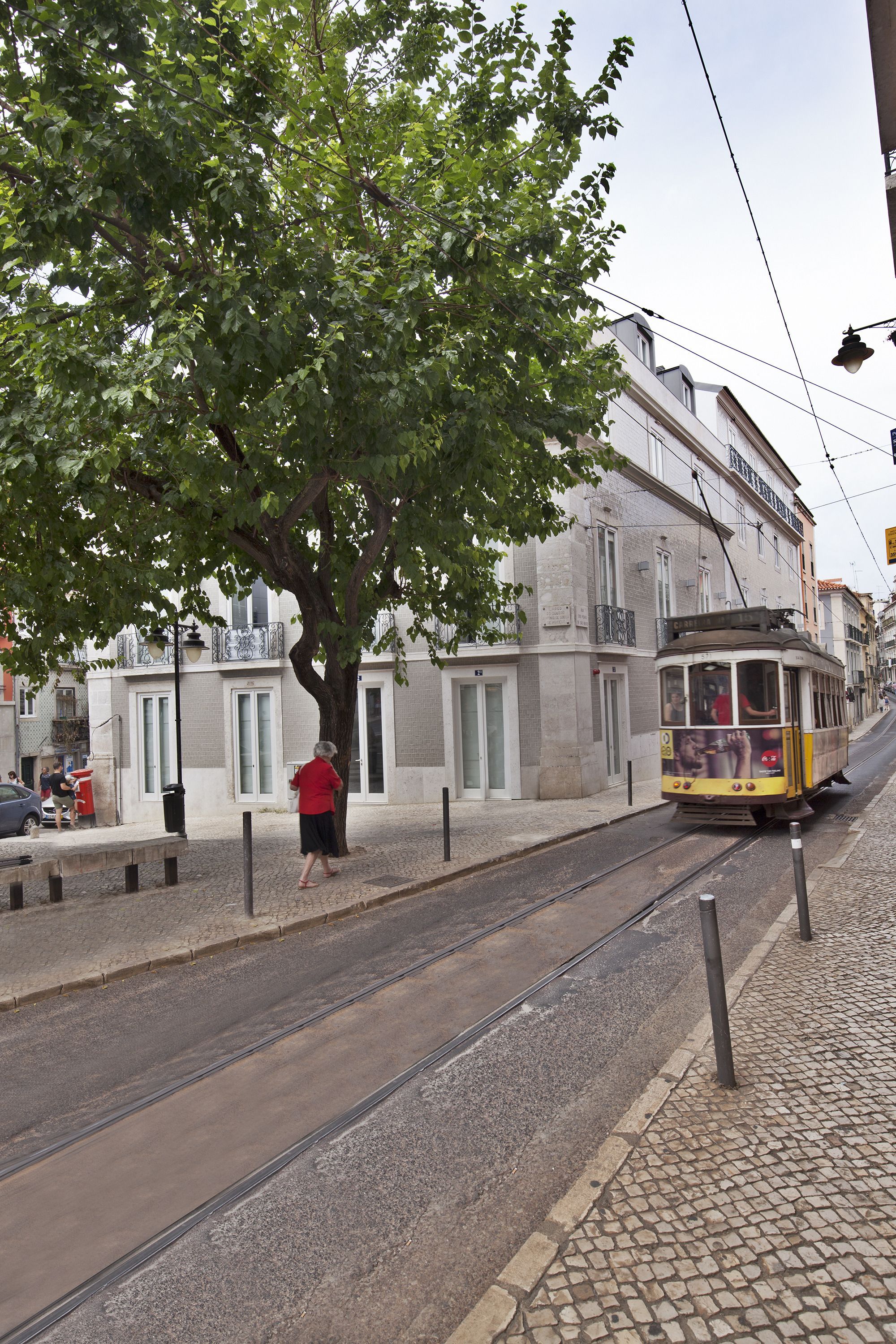 Un tramway sur les rails, un arbre et un immeuble avec un balcon.