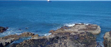 A coastal landscape with rocky terrain and the ocean.