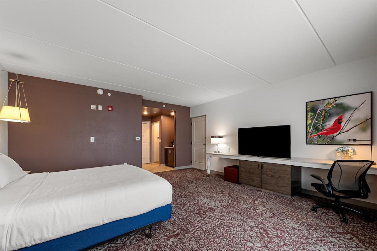 A hotel room with a bed, desk, chair, TV, and artwork.