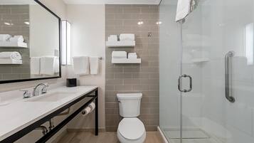 Un bagno moderno con doccia in vetro, un water bianco e un lavandino con specchio sopra.