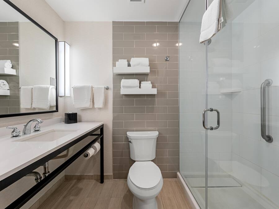Un bagno moderno con doccia in vetro, un water bianco e un lavandino con specchio sopra.