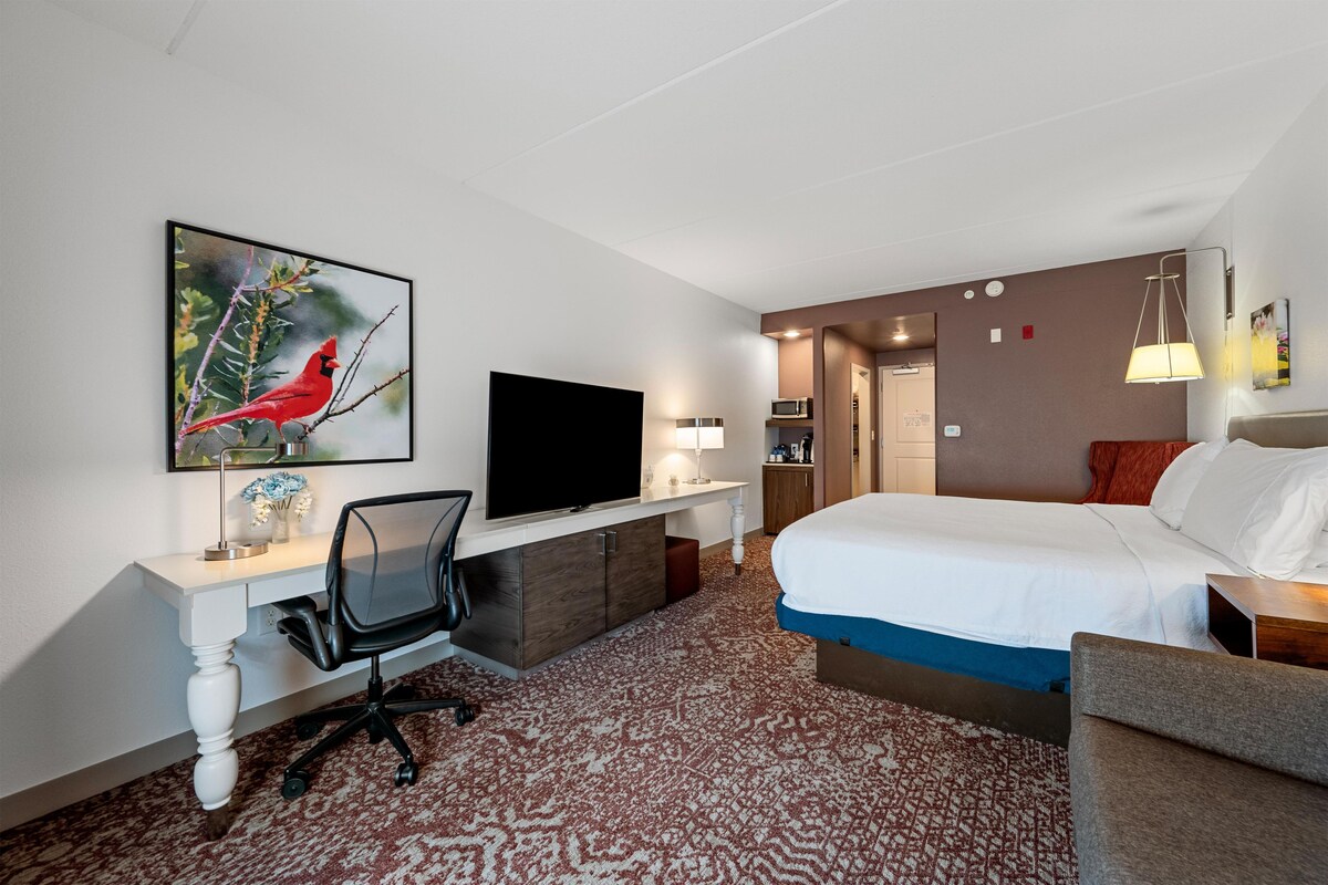 Habitación de hotel con cama, escritorio, televisión y obras de arte.