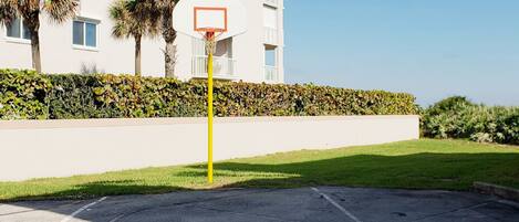 A basketball court with a hoop, surrounded by a hedge and palm trees, in front of a white building with balconies.