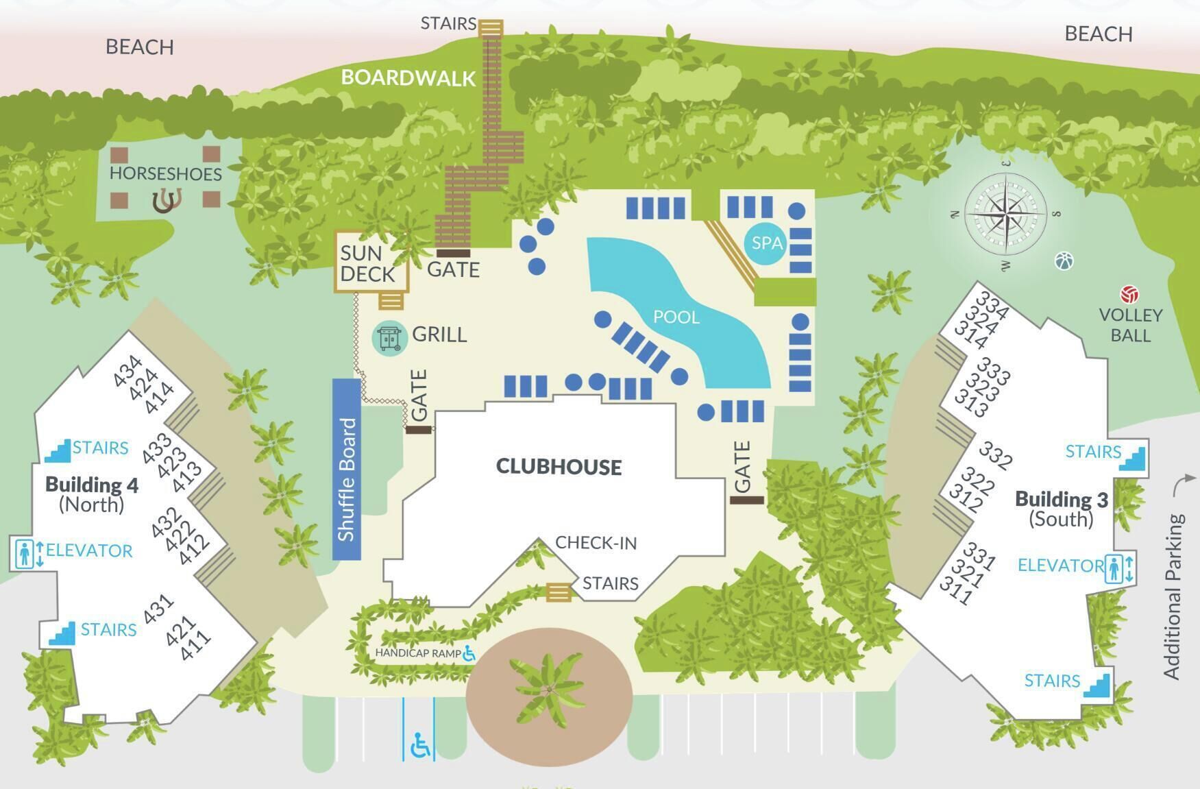 A resort layout with a clubhouse, pool, grill, and sun deck.
