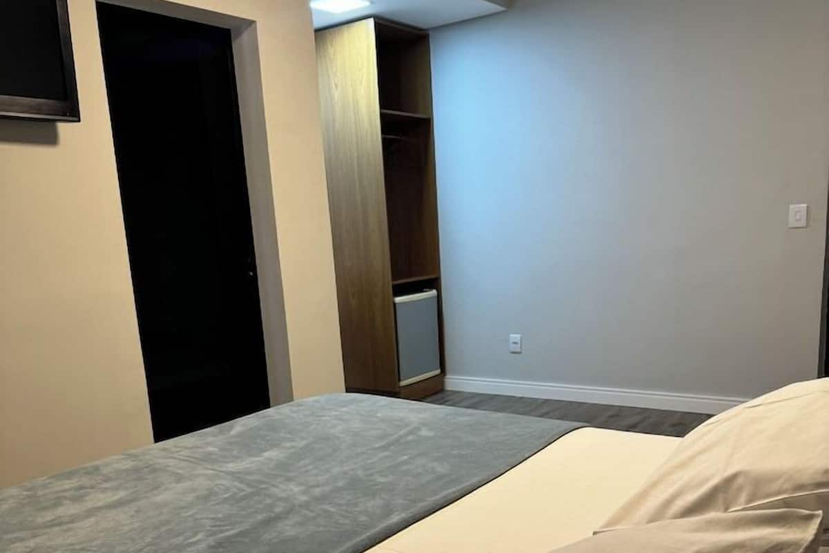 Een slaapkamer met een bed, een kledingkast, een spiegel en een deur.