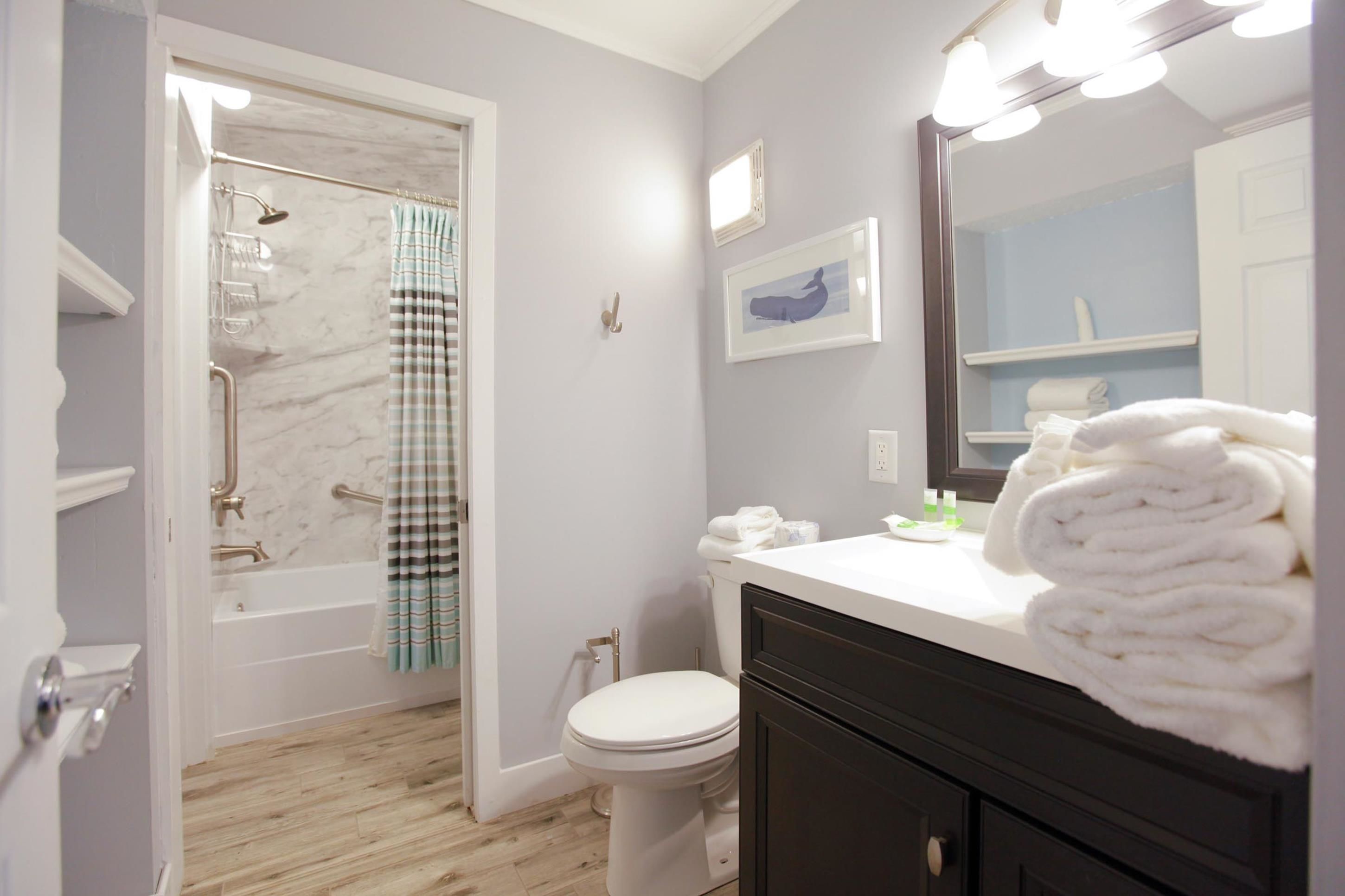 A bathroom with a shower, toilet, and vanity.