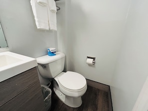 Un baño con inodoro, dispensador de toallas de papel y lavamanos.