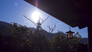 Cielo despejado con el sol brillando entre las ramas de los árboles, un farolillo y montañas al fondo.
