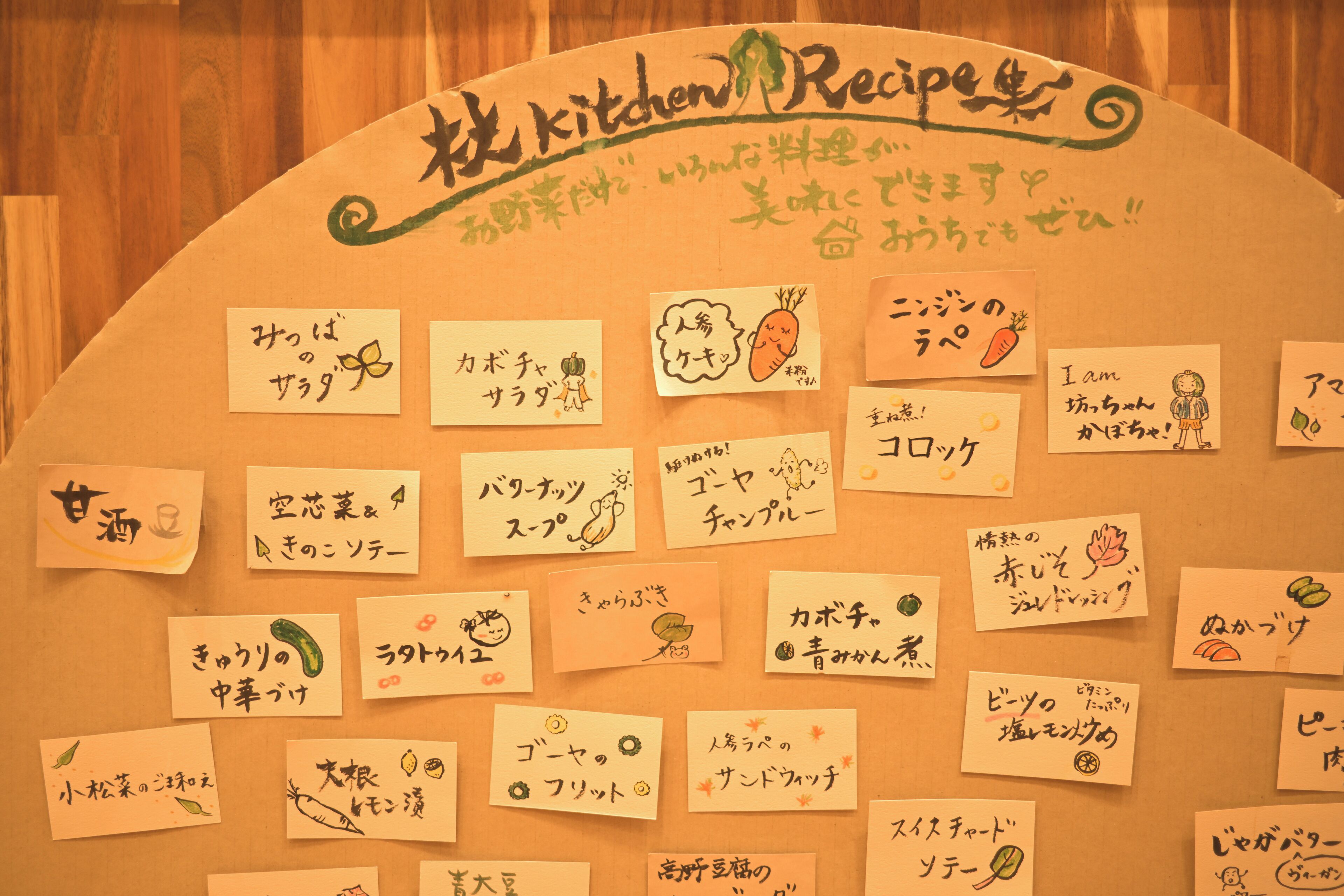 A bulletin board with handwritten notes and drawings, likely a menu or recipe list.