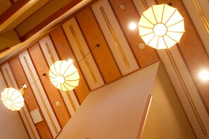 A ceiling with multiple light fixtures and a wooden panel design. - Yugawara Retreat Goen no Mori (Yugawara)