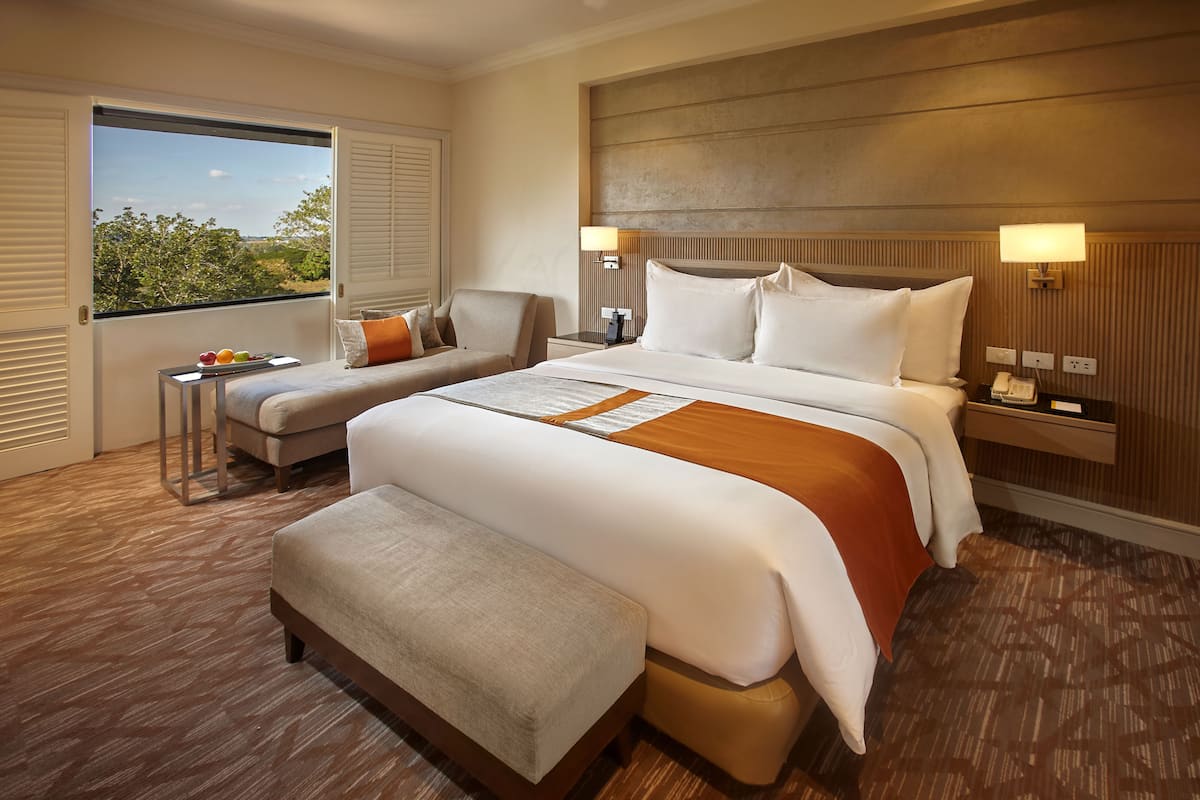 A hotel room with a large bed, a sitting area, a desk with a lamp, and a view of the outdoors.