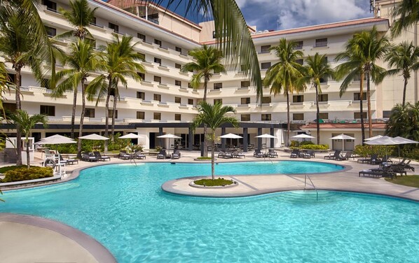 Outdoor pool, pool umbrellas, pool loungers