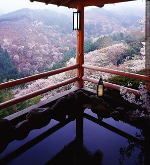 Una casa de té japonesa tradicional con vistas a flores de cerezo y un farol de piedra.