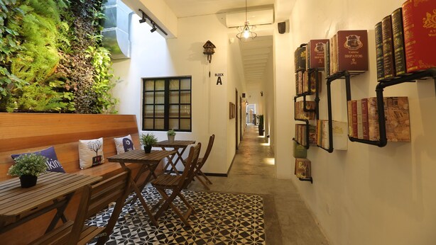 A narrow hallway with a wooden bench and table, a geometric patterned rug, a wall with a vertical garden, and a bookshelf with books and decorative items. - Reunion Heritage House (George Town)