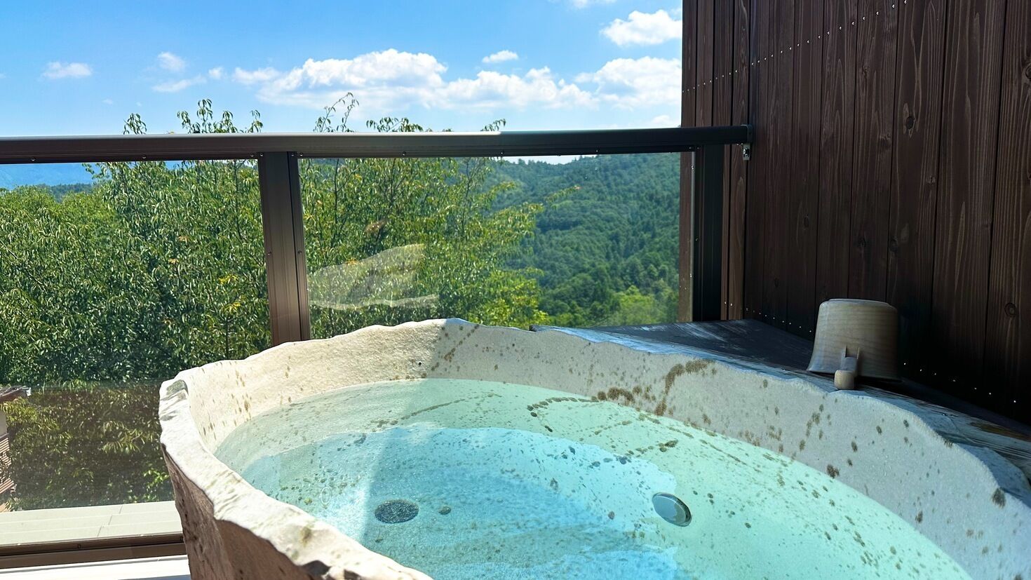 Un bain à remous avec vue sur un paysage boisé.