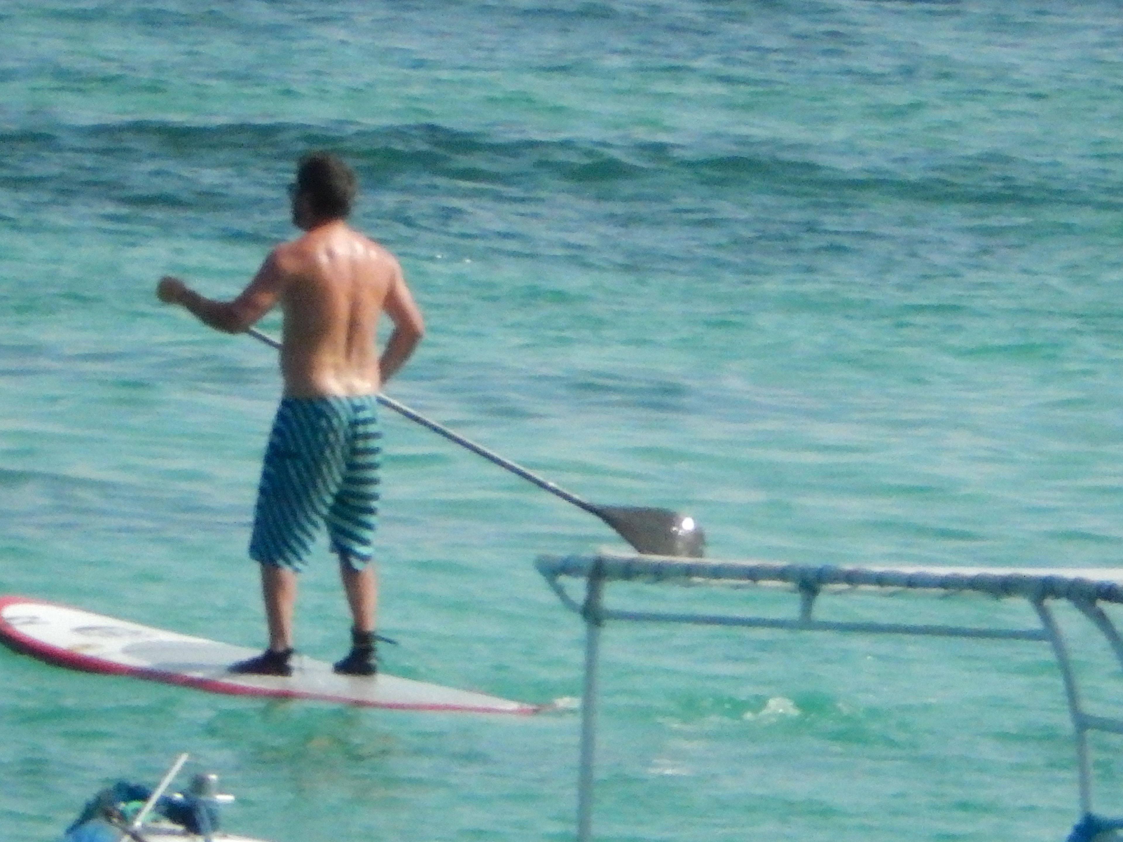 Una persona de pie en una tabla de remo en el agua, sosteniendo un remo.