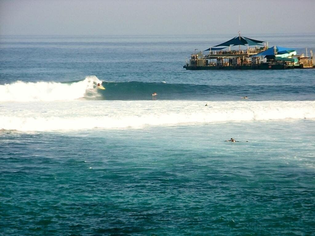 Escena costera con un surfista cabalgando una ola, un muelle con una estructura cubierta y agua marina tranquila.