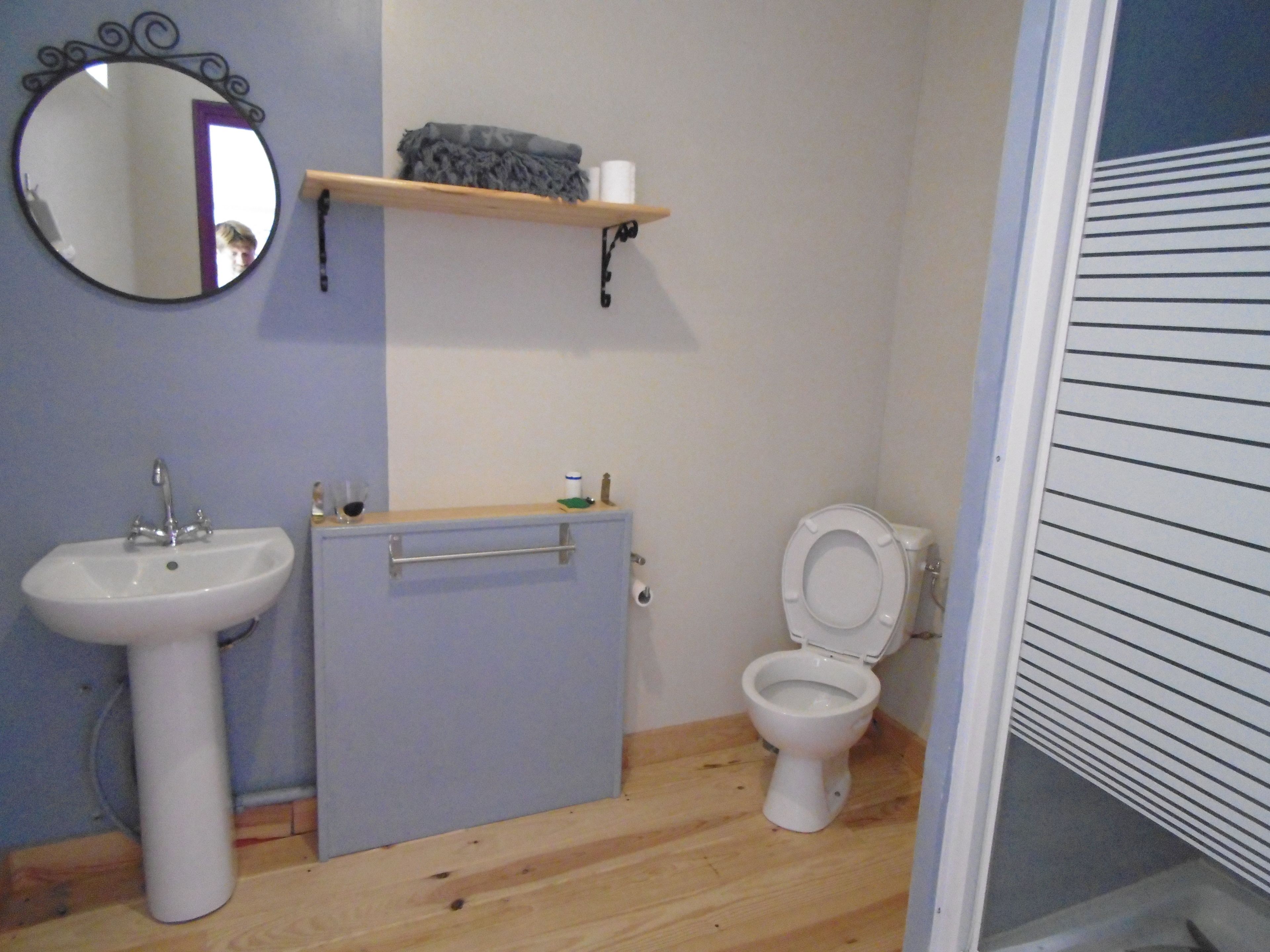 A bathroom with a pedestal sink, a toilet, and a mirror on the wall.