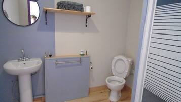 A bathroom with a pedestal sink, a toilet, and a mirror on the wall.