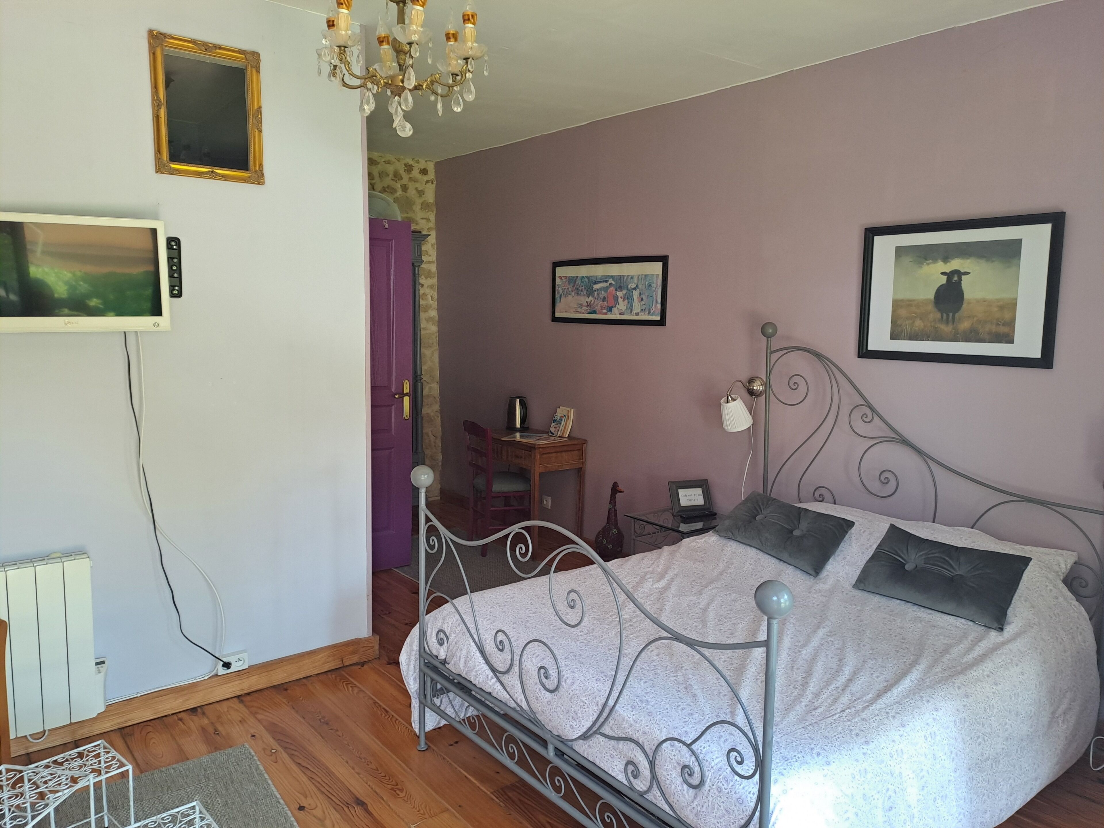 Un dormitorio con estructura metálica para la cama, televisión, candelabro y cuadros en la pared.