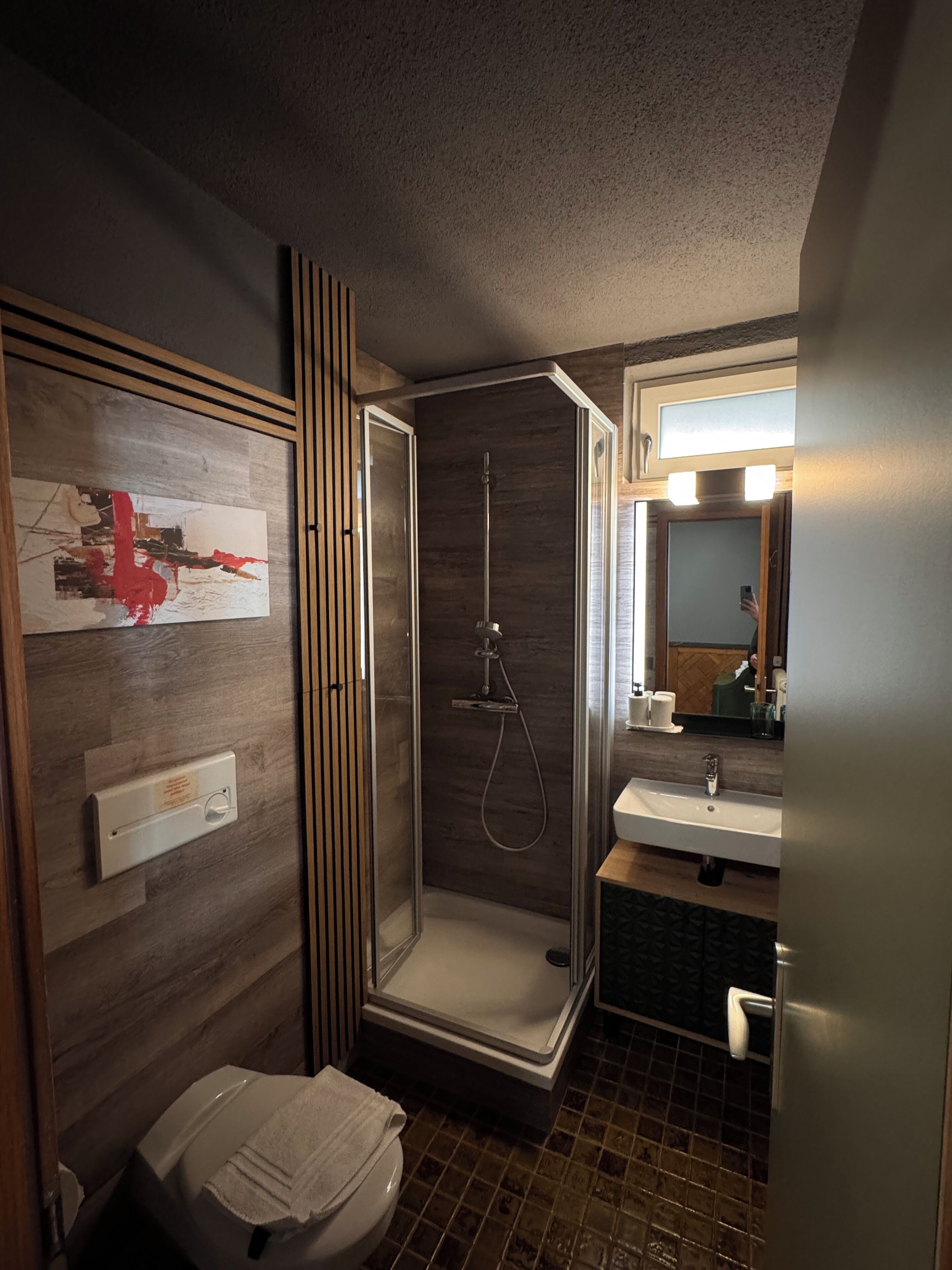 Un baño moderno con ducha, inodoro y lavamanos.