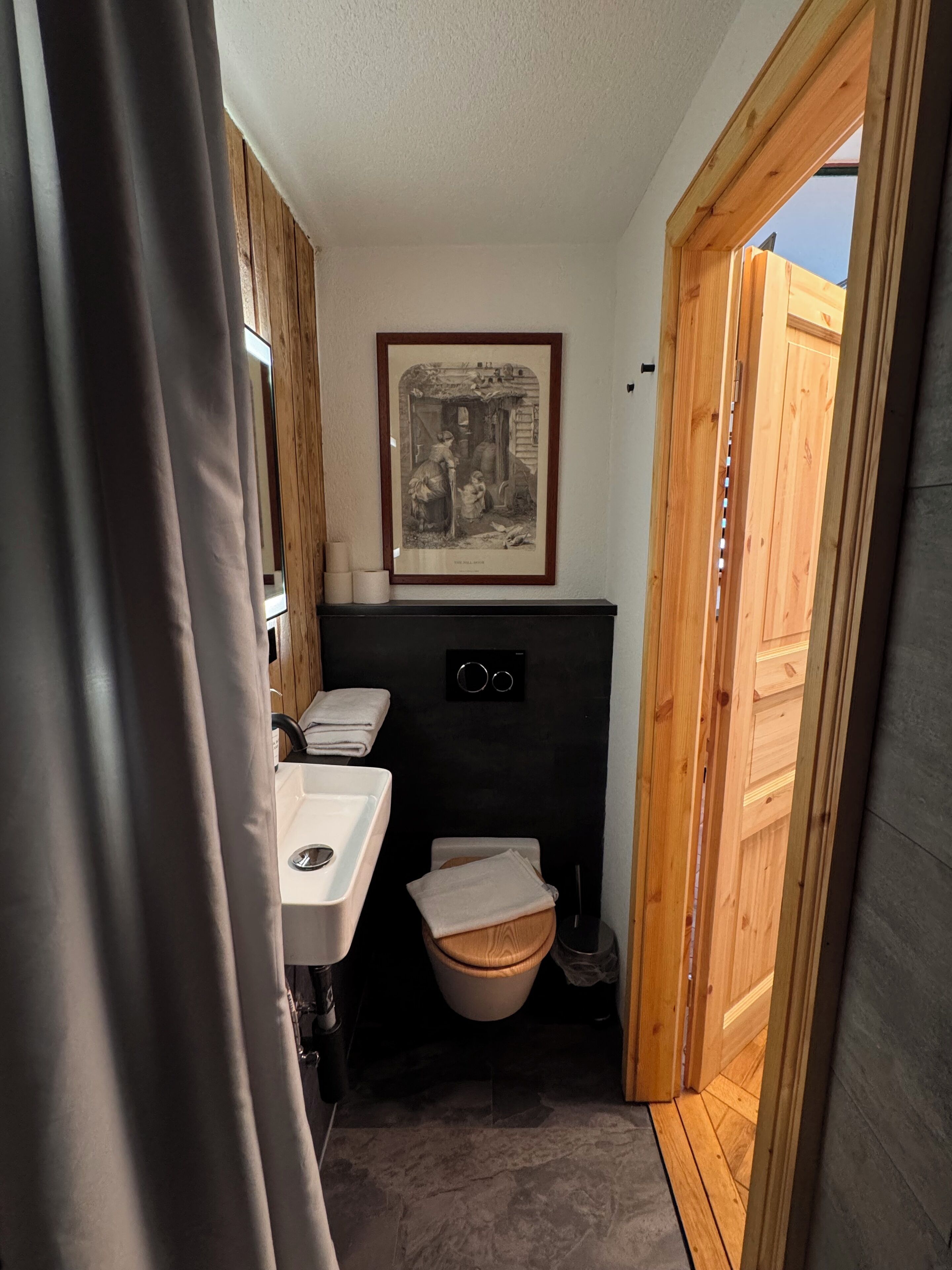 Un bagno compatto con una porta in legno, una stampa storica incorniciata, un lavabo e un water.