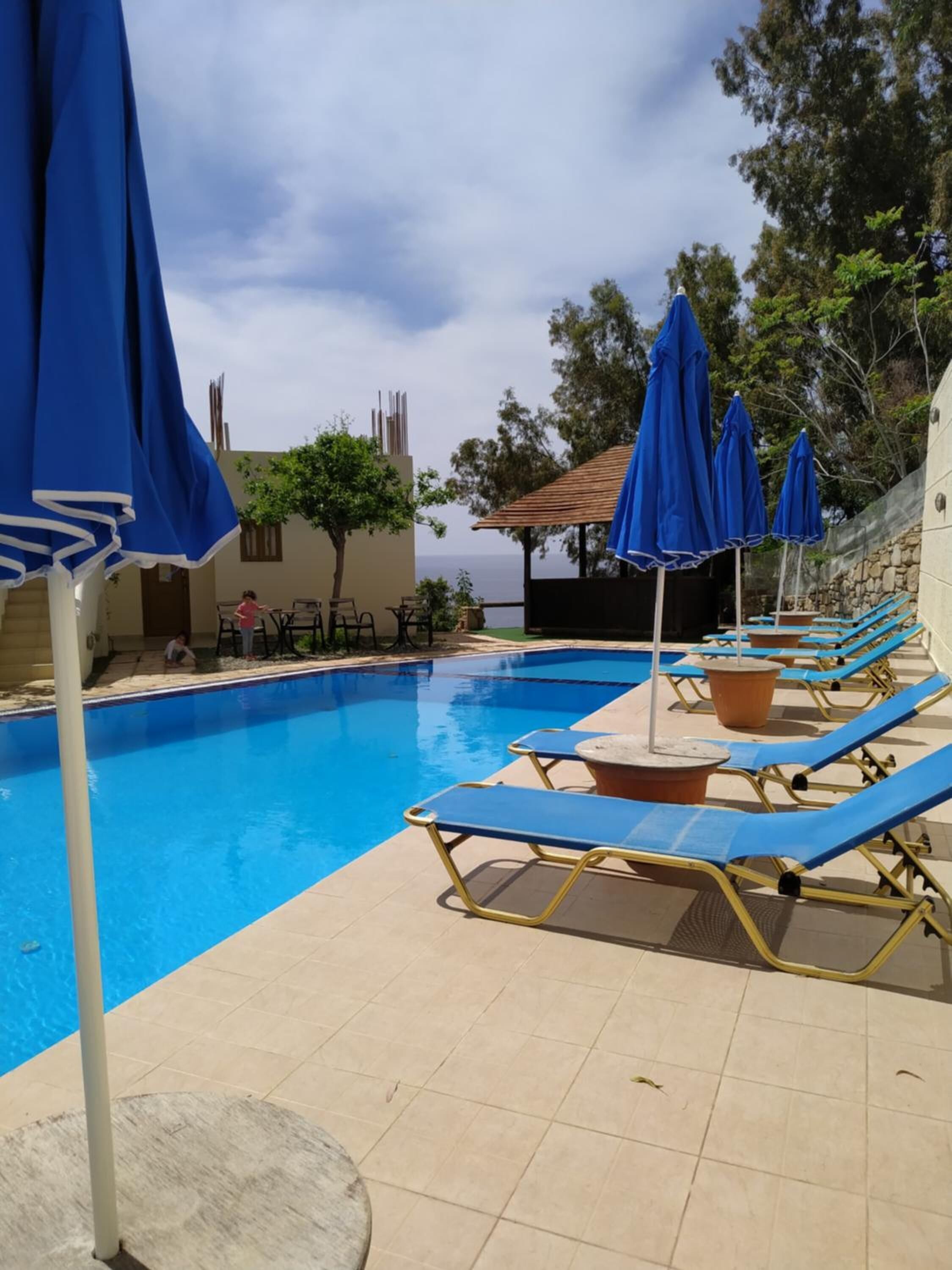Seasonal outdoor pool, pool umbrellas, pool loungers