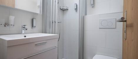 A modern bathroom with a glass shower enclosure, a white sink with a mirror, and a toilet.