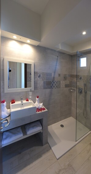 Family Room | Bathroom | Shower, free toiletries, hair dryer, towels
